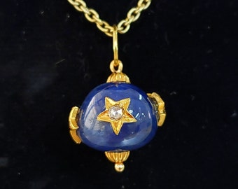 18k Gold Blue Sapphire with Diamond Pendant, Natural Blue Sapphire, Bead drilled Pendant, Gold Findings, Stars and diamonds