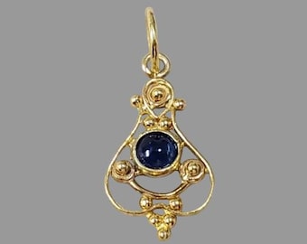 18K Gold Blue Sapphire Cabochon Pendant, Vintage Style Charm, Handmade Fine Jewelry