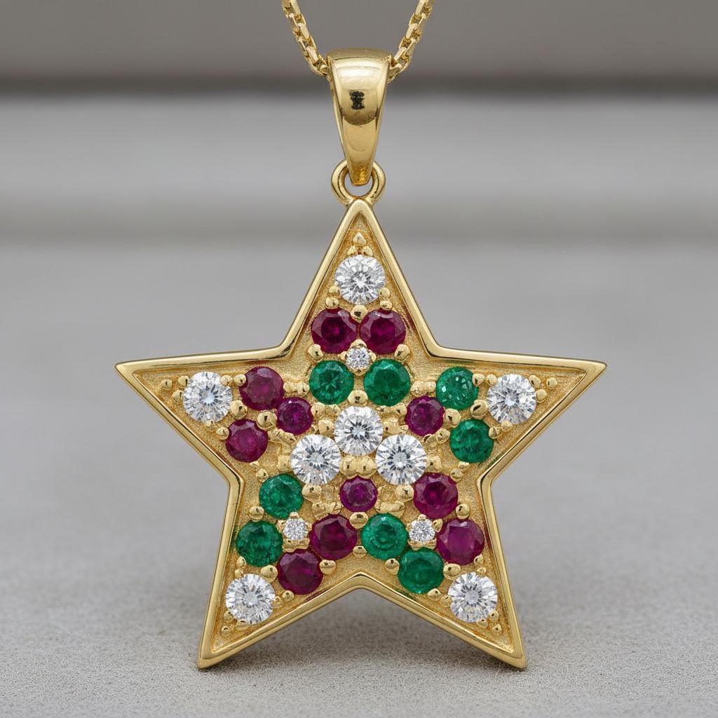 14k Gold Star Pendant With Emerald, Ruby & Diamond – Dainty