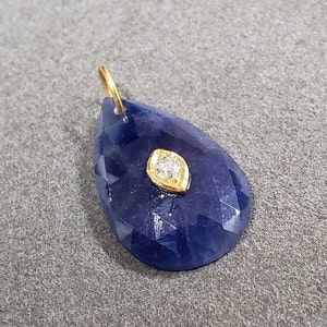 Blue Sapphire 18k Gold Pendant, Gold Pendant, Rose Cut Diamond In Sapphire, Gold Bezel, 18k Gold Bail, Gold Findings, Pear Pendant