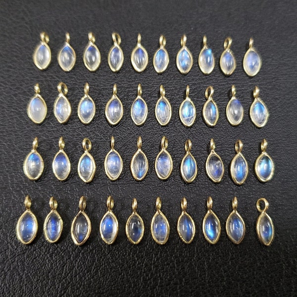 14k Gold Rainbow Moonstone Charms, Gold Jewelry, Jewelry Making, Marquise Moonstone Cabochon, Blue Flash Gemstone, Price per piece