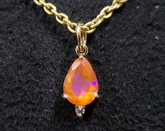 Orange Ethiopian opal, 14k Gold Diamond Pendant, Orange Fire Opal, Opal Jewelry, Orange & Fire Opal, Dainty Pendant, Rare color
