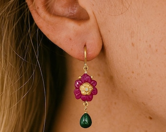 18k Gold Flower Earrings: Carved Ruby, Emerald, and Diamond Dangle
