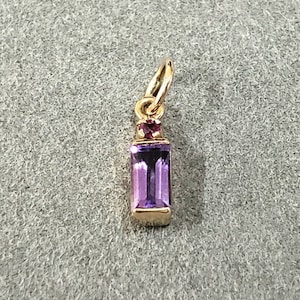 Puede incluir: Un colgante de oro con una piedra preciosa de amatista púrpura y una pequeña piedra roja en la parte superior.