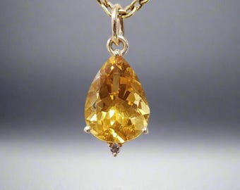 14k Gold Citrine Pendant: Pear Shape Diamond Accent, November Birthstone