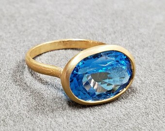Adjustable Blue Topaz Faceted Ring - 10x18mm Oval Stone, Gold Plated, Handmade Jewelry