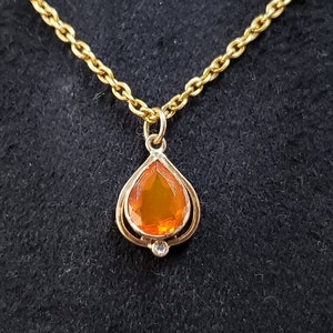 Teardrop Orange Ethiopian Opal With Diamond 14k Gold Pendant, Orange Fire Opal, Opal Jewelry, Dainty Pendant, Gift for Her