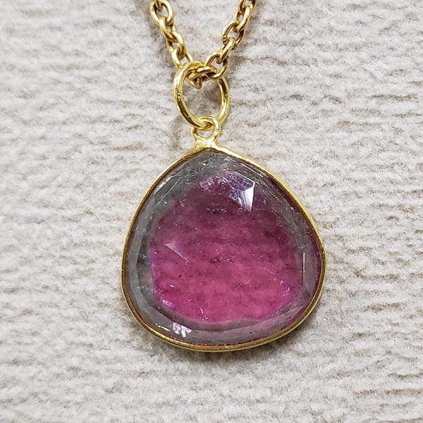 Watermelon Tourmaline 14k Gold Bezel Pendant: Rare Gemstone