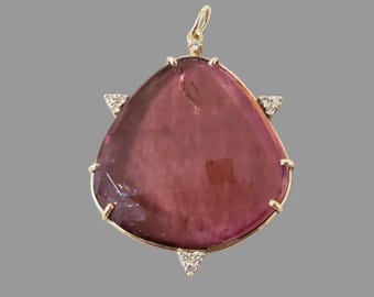 14k Gold Pink Tourmaline Pendant, Organic Freeform Gemstone with Diamond Accents, Luxury Gift for Women