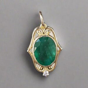 Oval Emerald & Brilliant Cut Diamond 14k Gold Women Pendant, Emerald Gemstone, Minimalist Gold Jewelry, Christmas Gift, Precious Stone