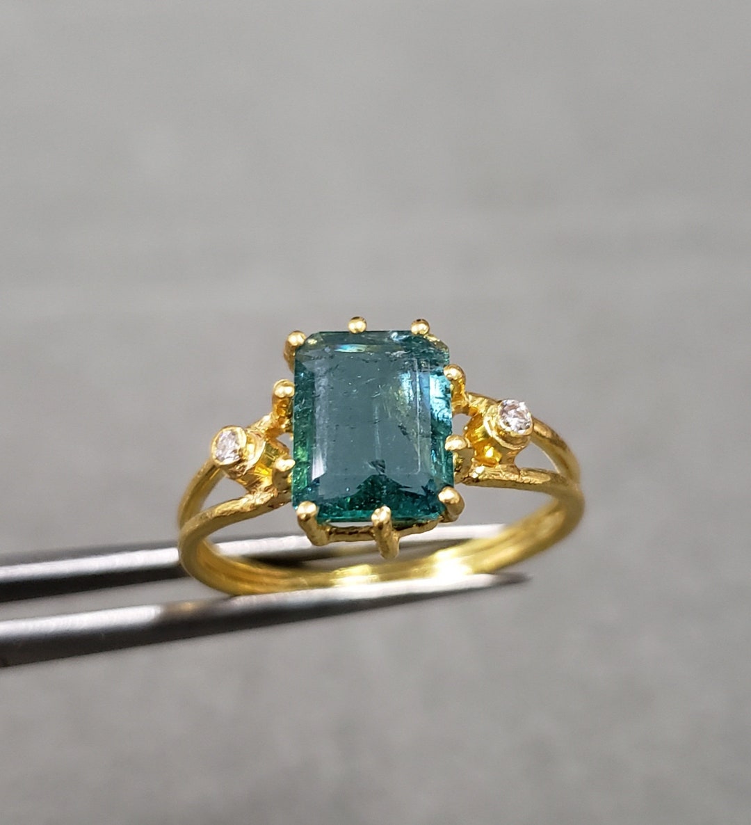 Brilliant Cut Diamond and Emerald 18k Gold Ring Double Stack - Etsy