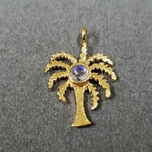 Rainbow Moonstone Palm Tree Charm: Gold Vermeil 925 Silver Pendant