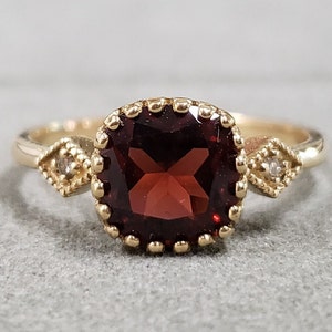 Cushion Garnet With Brilliant Cut Diamond 14k Gold Ring For Women, Solid Gold Jewelry, Dainty Gold Ring, Amazing Color, Red Garnet, 14k