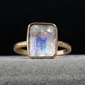14k Gold Rainbow Moonstone Ring: Emerald Cut Bezel Setting