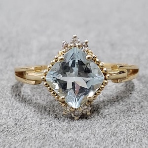 Natural Aquamarine and Brilliant Cut Diamond 14k Gold Ring, Cushion Aquamarine, Gold Jewelry, Prong Setting, Women Gold Ring, 14k Gold