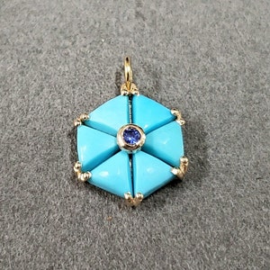 Arizona Turquoise 14k Gold Flower Pendant with Tanzanite, Birthstone Pendant, Triangle Turquoise, Sleeping Beauty, Gemstone Findings