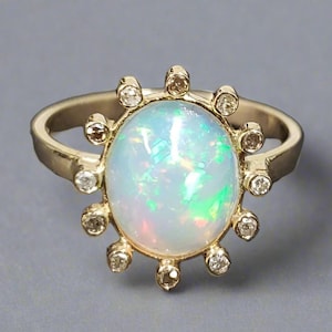 14k Gold Ethiopian Opal Ring: Diamond Cluster Statement Ring