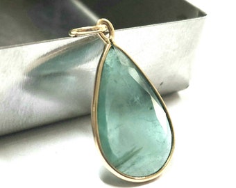 14k Gold Natural Green Emerald Pendant, Gold Jewelry, Women Pendant, Necklace Charms, Pear Zambian Emerald 20 × 13 MM, Precious Stone