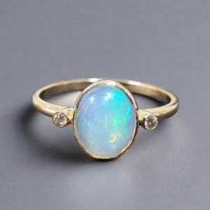 14k Gold Ethiopian Opal Ring with Diamonds: Handmade Statement Jewelry