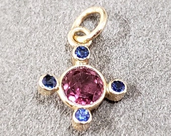 14k Gold Pink Tourmaline & Blue Sapphire Pendant - Handmade
