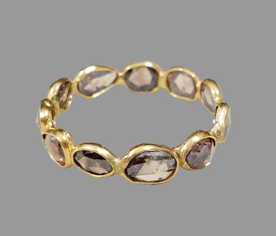 Brown Rose Cut Diamond Ring | 18k Gold Handmade Stacking Band | Natural Diamond Slice Jewelry Gift