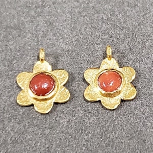 Red Coral Gold Vermeil Flower Charms, Cabochon Round Coral, Price Per Piece, DIY, Birthstone, Italian Origin, Silver Jewelry