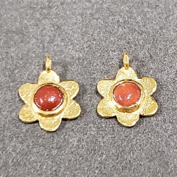 Red Coral Gold Vermeil Flower Charms, Cabochon Round Coral, Price Per Piece, DIY, Birthstone, Italian Origin, Silver Jewelry