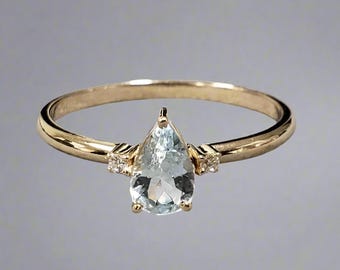 14k Gold Pear Aquamarine Diamond Ring - Handmade Statement Jewelry