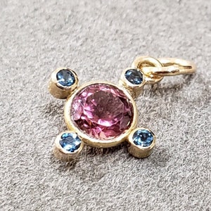Handmade 14k Gold Pendant: Round Pink Tourmaline & London Blue Topaz