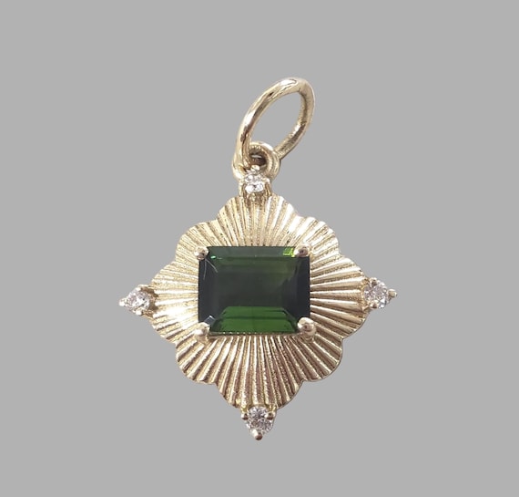 14k Gold Green Tourmaline & Diamond Pendant: Emerald Cut Gemstone