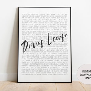Drivers License Olivia Rodrigo Song Music Lyrics Printable Poster | Instant Digital Download | Love Song | Heartbreak Music | Room Decor