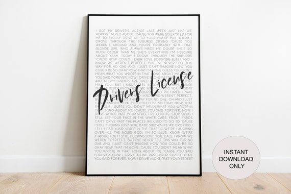 Drivers License Olivia Rodrigo Song Music Lyrics Printable Poster | Instant Digital Download | Love Song | Heartbreak Music | Room Decor