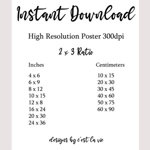 May include: A chart showing the different sizes of posters available in inches and centimeters. The chart is titled "Instant Download High Resolution Poster 300dpi 2 x 3 Ratio".
