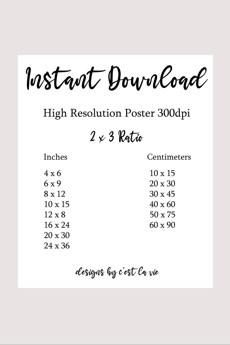 May include: A chart showing the different sizes of posters available in inches and centimeters. The chart is titled "Instant Download High Resolution Poster 300dpi 2 x 3 Ratio".