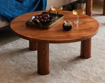 Handmade Solid Acacia Wood Round Hand Made Coffee Table | Round Natural Wood Coffee Table | Wooden Coffee Table | 3 Round Legs