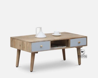 Handmade Solid Wood Coffee Table in Natural Mango with Pearly Grey Finish |  Large Center Tea Table |  Storage Rechtangle Coffee Table