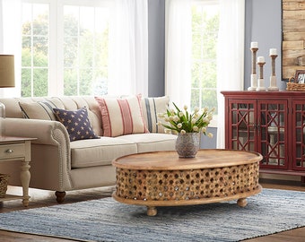 Solid Mango Wood Round Lattice Hand Carved Coffee Table | Round Natural Wood Coffee Table | Coffee Table From India