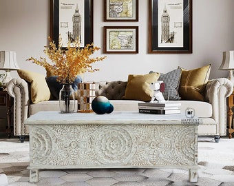Wooden Reclaimed Wood Distressed Finished Solid Wood Trunk Coffee Table | Vintage Carving Coffee Table with Storage for Living Room