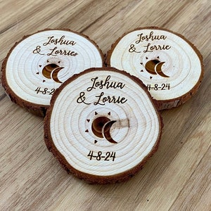 Custom Engraved Wood Slice Wedding Favor - Laser Engraved with Names, Date, & Magnet