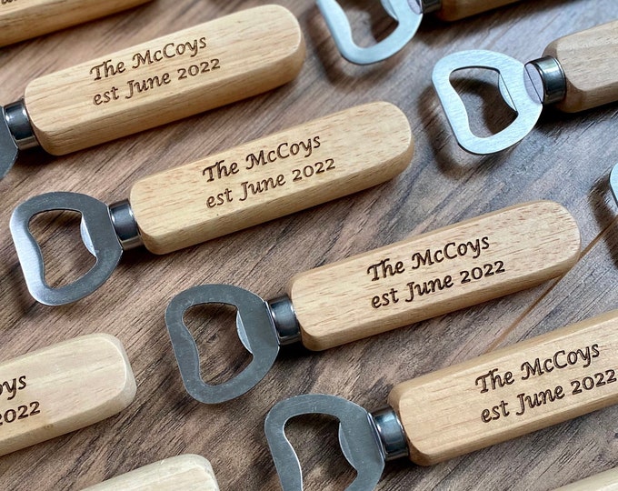 Custom Message Bottle Opener - Laser Engraved with Personalization Details - Stainless Steel and Wood Construction