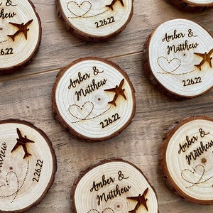 Custom Wood Slice Wedding Favor or Save The Date - Laser Engraved with Names, Date, & Magnet