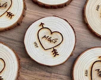 Custom Wood Slice Wedding Favors - Laser Engraved with Heart, Couple's Initials, & Wedding Date or Year.