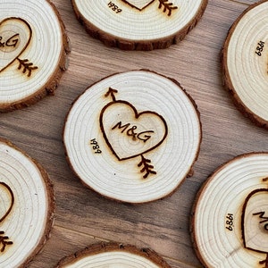 Custom Wood Slice Wedding Favors - Laser Engraved with Heart, Couple's Initials, & Wedding Date or Year.