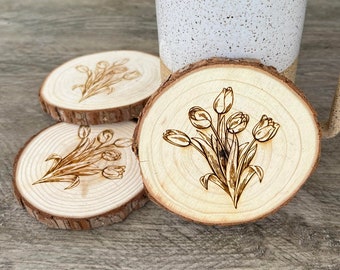 Tulpen Holz Untersetzer Set - Perfektes Geschenk für Hochzeit, Verlobung, Jahrestag oder Weihnachten