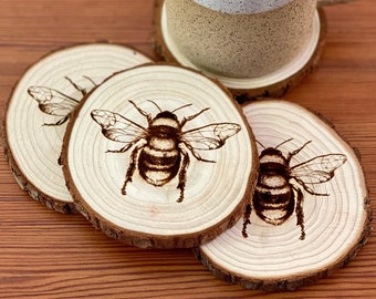 Bee Engraved Wood Coaster Set - Perfect Gift for Wedding, Engagement, Anniversary, or Christmas