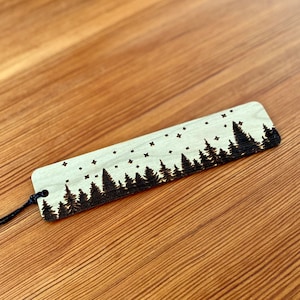 Pine Tree & Stars Engraved Wood Bookmark with Personalized Message - Handmade Wood Bookmark