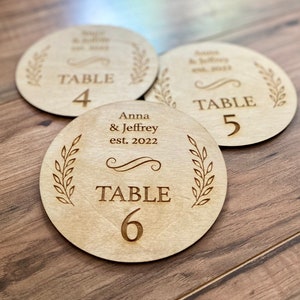 Wood Wedding Table Numbers - Wooden Wedding Table Centerpiece Laser Engraved with Names, Year, & Table Number