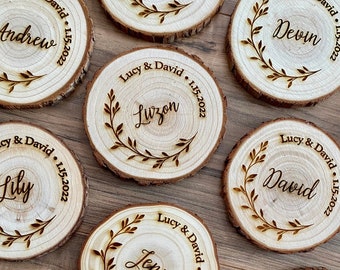 Custom Wood Slice Wedding Favors - Laser Engraved with Couple&#39;s Names, Wedding Date, Guest Name, & Leaf Border