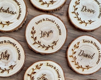 Custom Wood Slice Wedding Favors - Laser Engraved with Couple's Names, Wedding Date, Guest Name, & Leaf Border