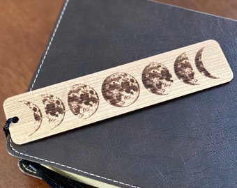 Moon Phases Engraved Wood Bookmark with Custom Message - Personalized Gift for Her - Handmade Wood Bookmark